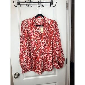 Jodifl Kimberly Red Pink Leopard Print V-Neck Puff Sleeve Blouse NWT Medium